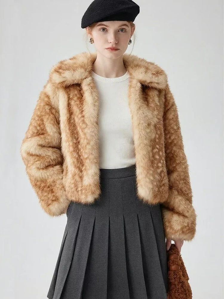 ZADORIN Chic Turn Down Collar Deer-print Cropped Fluffy Faux Fur Coat Woman Elegant Warm Faux Fur Jackets Woman Winter Coat Tops