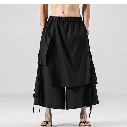 Pantaloni da uomo irregolari in cotone e lino, stile Harajuku, a gamba larga, tinta unita, casual, con elastico in vita, vestibilità ampia, stile punk