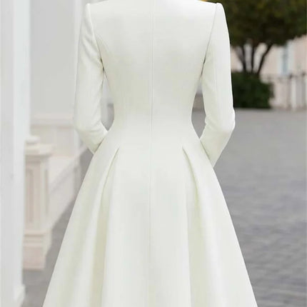 Yeezzi Women's British Style Buttoned Stand Collar Overcoat Midi Dresses Long Sleeves High Waisted Pleated Evening A-line Dress