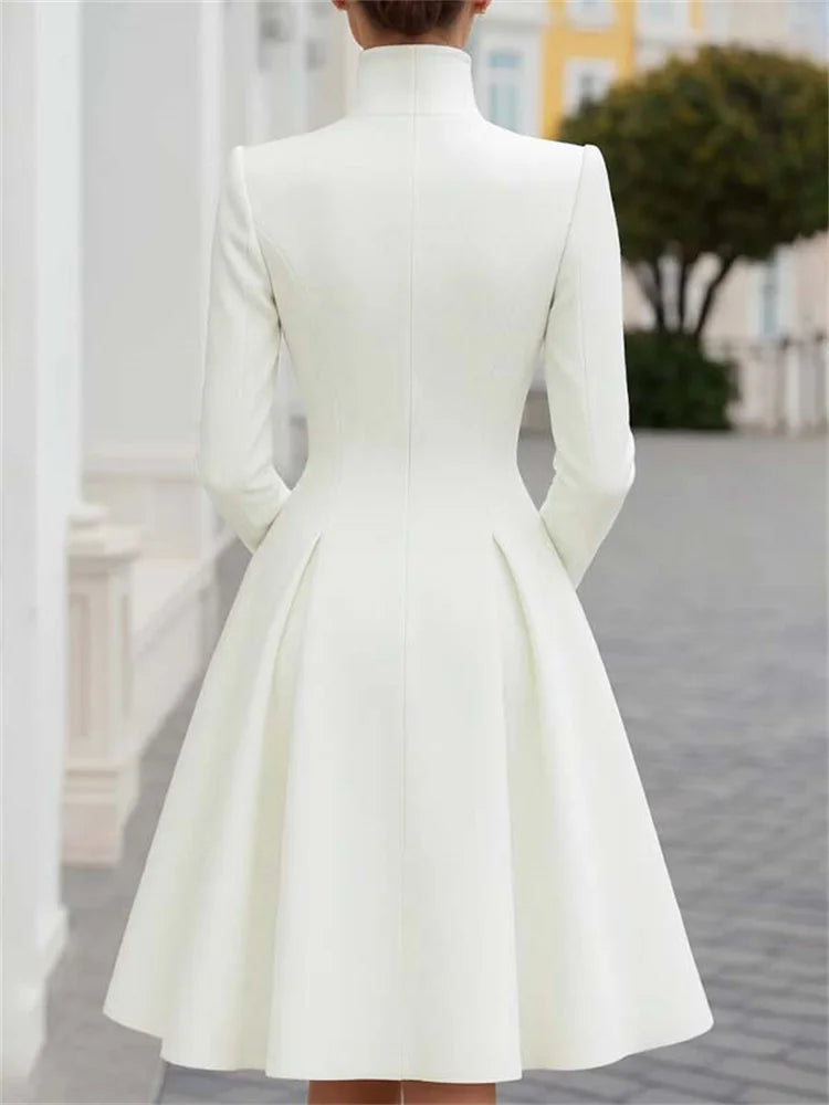 Yeezzi Women's British Style Buttoned Stand Collar Overcoat Midi Dresses Long Sleeves High Waisted Pleated Evening A-line Dress