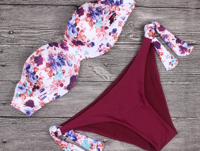 Bikini da donna sexy stile estivo da spiaggia, bikini push up con scollo all'americana, costume da bagno brasiliano floreale PlatiNum
