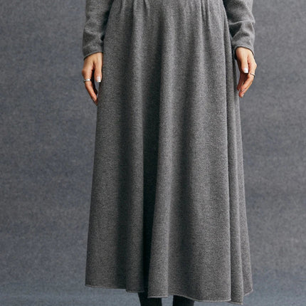 New Women's 100% Pure Cashmere Knitted Full Skirt Autumn Winter High Waisted Mid-calf Ankle-Length Soild Dress Versatile Elegant PlatiNum