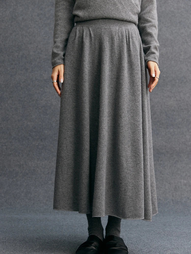 New Women's 100% Pure Cashmere Knitted Full Skirt Autumn Winter High Waisted Mid-calf Ankle-Length Soild Dress Versatile Elegant PlatiNum
