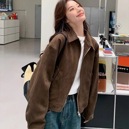 Retro Style Women's Short Suede Jacket Coffee Color Korean Style Autumn Coat Zipper Pocket Polyester Fiber Windproof