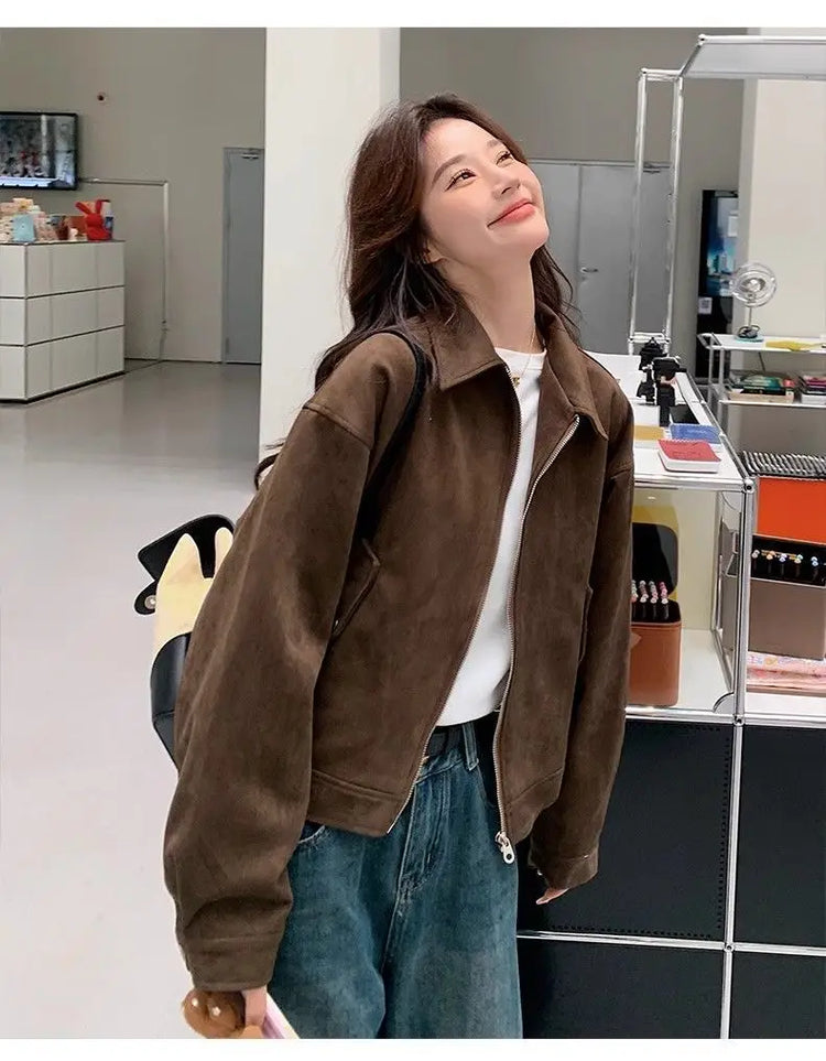 Retro Style Women's Short Suede Jacket Coffee Color Korean Style Autumn Coat Zipper Pocket Polyester Fiber Windproof