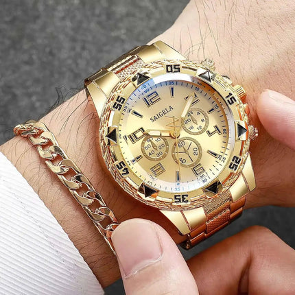 3 pz/set moda quadrante grande orologio al quarzo da uomo orologi da uomo d'affari di lusso collana braccialetto set Reloj Hombre (senza scatola) platinumshop