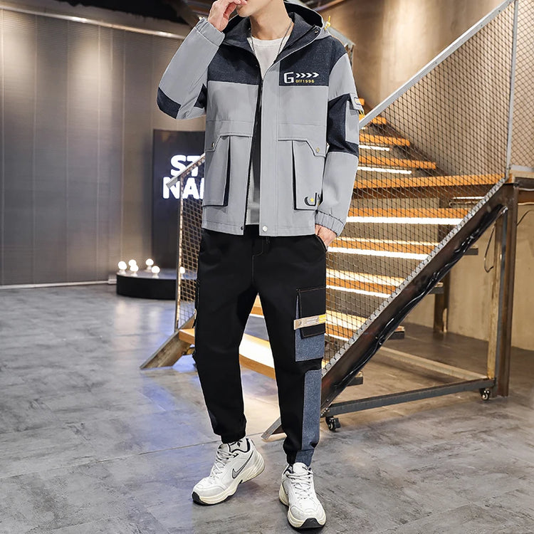 Men's Casual Sports Sets Spring Autumn Tracksuit Jogging Set Patchwork flight Hooded jacket pants two Piece