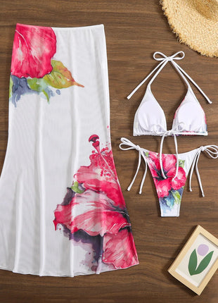 Costume da bagno 3 pezzi con stampa floreale grande con gonna lunga in rete Costume da bagno bikini micro perizoma da donna 2025 Costume da bagno estivo da spiaggia Biquini PlatiNum
