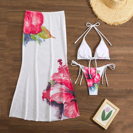 Costume da bagno 3 pezzi con stampa floreale grande con gonna lunga in rete Costume da bagno bikini micro perizoma da donna 2025 Costume da bagno estivo da spiaggia Biquini PlatiNum