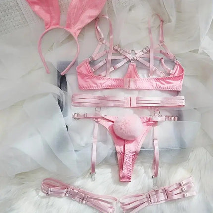 Bunny Girl Lingerie Set Pink Open Cup Hollow Out See Through Mesh Bra Panty Headband Straps Role Play Costume Party Halloween