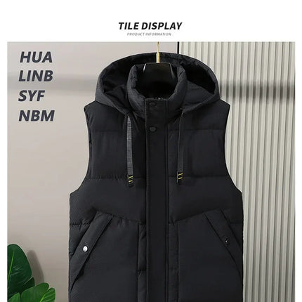 Big Size Men Padded Vest Winter Hooded Zip-up Sleeveless Jacket Padding Golf Cotton Waistcoat Work Warm Large Pocket Plus 8XL