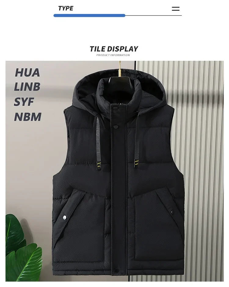 Big Size Men Padded Vest Winter Hooded Zip-up Sleeveless Jacket Padding Golf Cotton Waistcoat Work Warm Large Pocket Plus 8XL