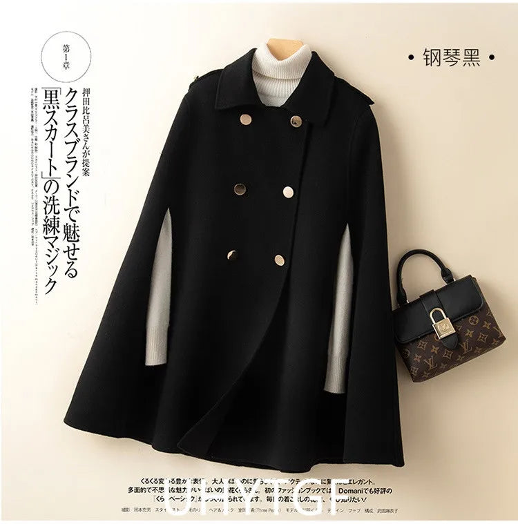 UHYTGF Mid Long Bat Cape Wool Coat Women High-End Double Sided Cashmere Autumn Jacket Female Fashion Casual Ladies Outewear 2029