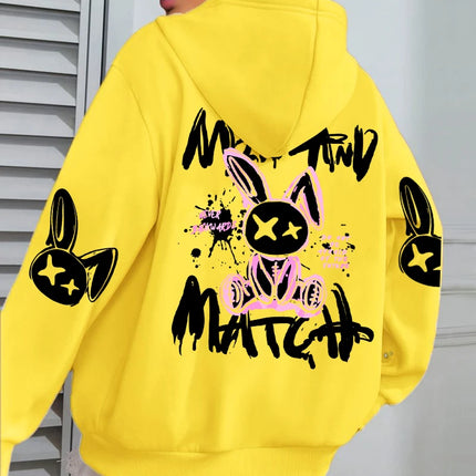 Mix And Match Cartoon Rabbit Prints Women Hoodie Pocket Streetwear Harajuku Loose Hoody All-Match Fleece Female Clothing