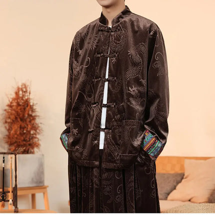 Giacca in velluto da uomo in stile cinese con stampa drago camicie da uomo tradizionale abito Tang Kung Fu Tai Chi camicie casual retrò abbigliamento da uomo