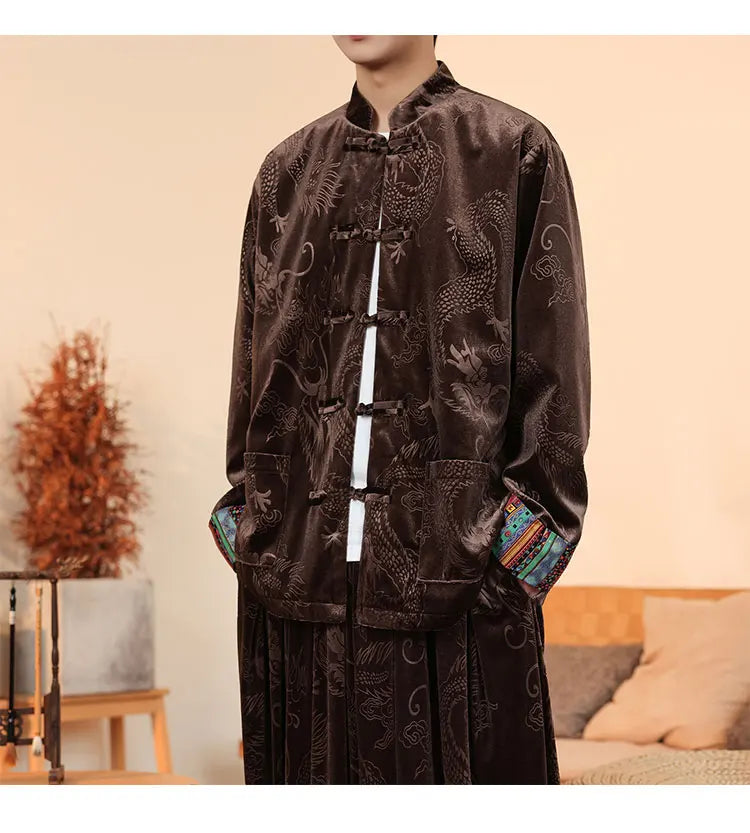 Giacca in velluto da uomo in stile cinese con stampa drago camicie da uomo tradizionale abito Tang Kung Fu Tai Chi camicie casual retrò abbigliamento da uomo