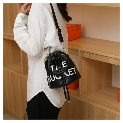 Spring New Fashion Letter PU Leather Bucket Bag Women Simple City Style Shoulder Handbag Trendy Crossbody Satchel Handbag PlatiNum