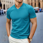 2025 New Men's Casual Fashion Simple V-neck Short Sleeved T-shirt Summer Comfortable Breathable Versatile Top PlatiNum