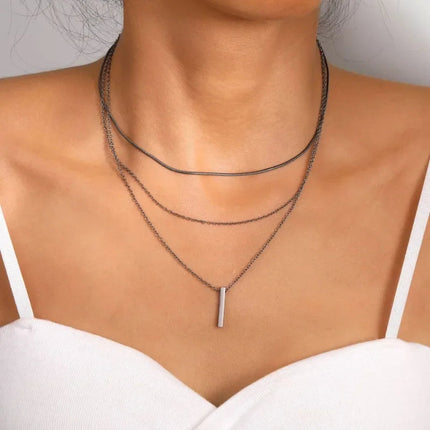 Collana impilabile a tre strati in argento sterling 925 da donna con ciondolo a striscia semplice, gioielli con catena a clavicola ipoallergenica impermeabile PlatiNum