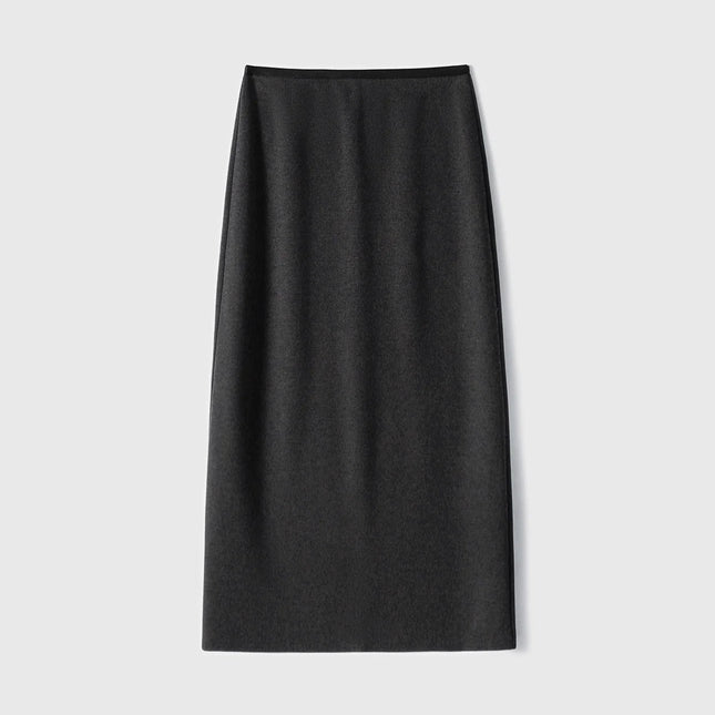 Birdtree Cashmere Silk Blended Skirt For Woman,Elastic Waist Long Skirts,Rear Slit,Commuting Style,2025 Autumn Winter D5N418JF PlatiNum