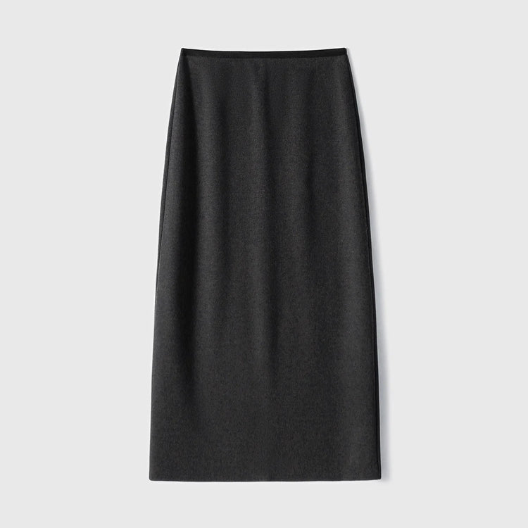Birdtree Cashmere Silk Blended Skirt For Woman,Elastic Waist Long Skirts,Rear Slit,Commuting Style,2025 Autumn Winter D5N418JF PlatiNum