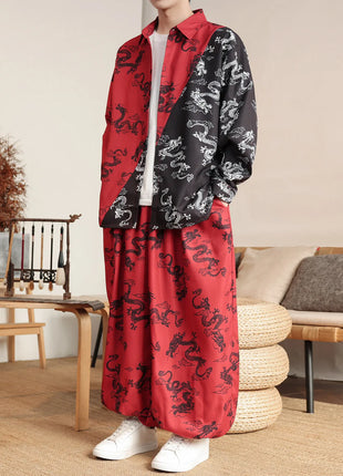 Men's Lantern Trousers Chinese Style Retro Red Dragon Casual Comfortable Harun Pants Men's Fashion Loose Wide Leg Streetwear
