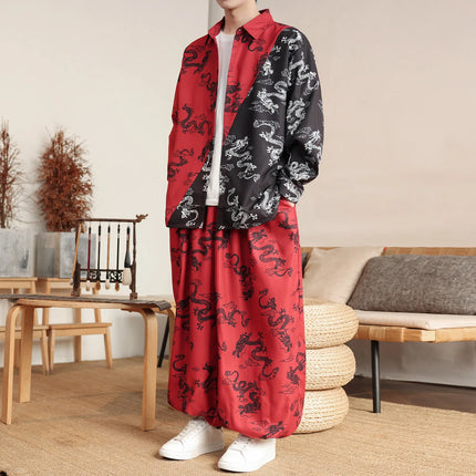 Pantaloni Lanterna da Uomo Stile Cinese Retrò Drago Rosso Casual Comodi Pantaloni Harun Moda Maschile Larghi a Gamba Larga Streetwear