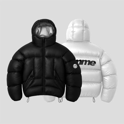 Men Shiny Puffer Jacket Back Homme Letter Print Hooded Down Coat Oversized Warm Winter Couple Bubble Coat Black White Unisex New