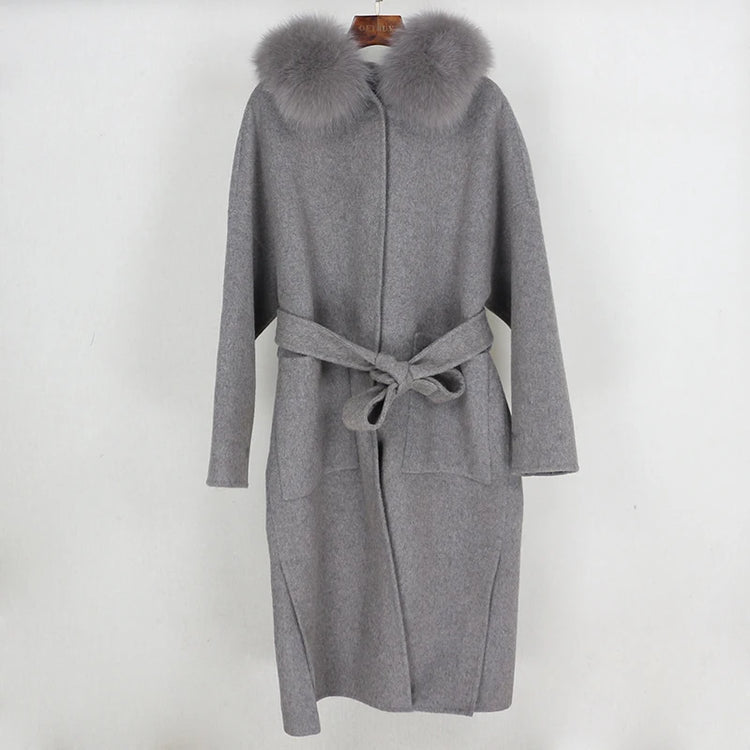 OFTBUY Omen Double Face Wool Coat Natural Fur Coat Wool Blend Jacket Winter Warm Elegant Long Sleeve Fur Cuffs Fashion Outerwear