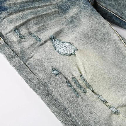 Men Pale Light Blue Biker Jeans Cracked Pleated Patch Patchwork Stretch Denim Pants Streetwear Holes Ripped Skinny Trousers PlatiNum