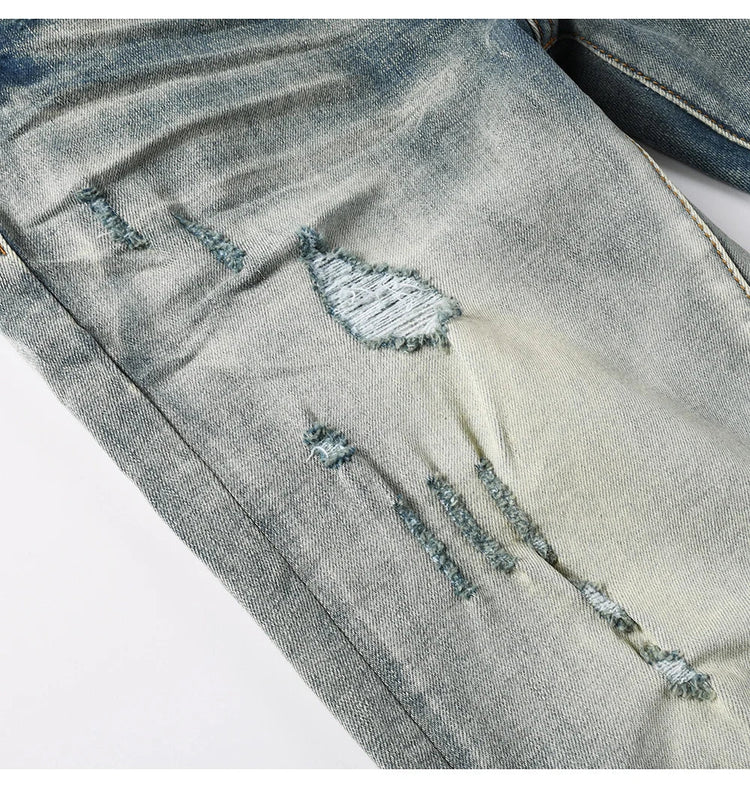 Men Pale Light Blue Biker Jeans Cracked Pleated Patch Patchwork Stretch Denim Pants Streetwear Holes Ripped Skinny Trousers PlatiNum