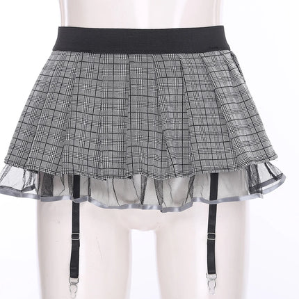 Studentinnen-Minirock für Rollenspiele mit Strapsen, karierter Faltenrock mit Tüllfutter, elastischer Taille, Nachtclub-Dessous