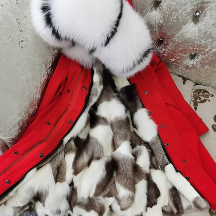 Winter Long Jacket Real Fur Coat Women Clothes Large Silver Fox Fur Collar Detachable Natural Fox Lining Parkas Leather Fur
