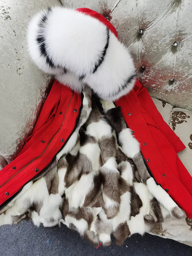 Winter Long Jacket Real Fur Coat Women Clothes Large Silver Fox Fur Collar Detachable Natural Fox Lining Parkas Leather Fur