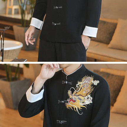 Camicie da Uomo a Maniche Lunghe in Stile Cinese, Ricamate, per Kung Fu e Tai Chi, Cardigan Retrò in Lino, Abito Tradizionale Tang, Top Tradizionale da Uomo