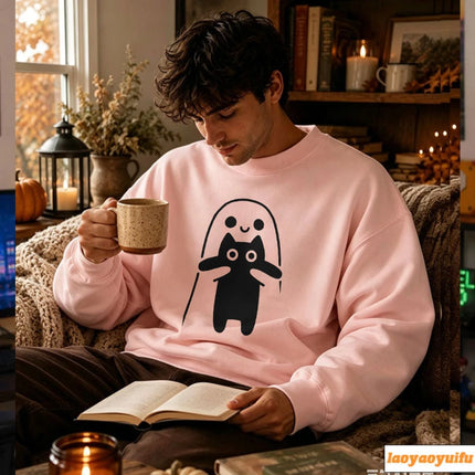 Cute Ghost Hugging Cat Funny Simple White Line Graphic Print Pullover Long Sleeve Casual Loose Streetwear Fashion Sweatshirts