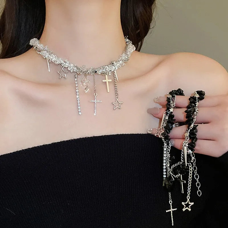 Collana con nappa zircone dal design di personalità, strass brillanti, croce a forma di cuore, collane girocollo, gioielli di moda da donna