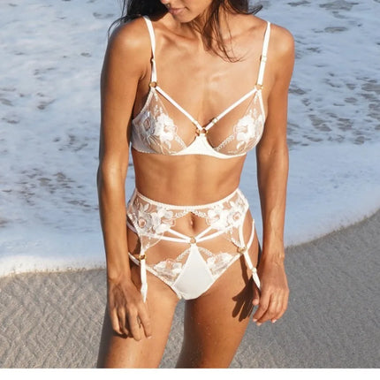 French Style Floral Embroidery Lingerie Set Transparent Hollow Out Bra and Panty Fancy Garter Belt Women Erotic Underwear