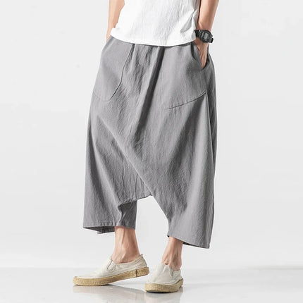 Pantaloncini Estivi da Uomo Oversize Casual Stile Harem Vintage in Cotone e Lino Comodi a Gamba Larga con Elastico in Vita Taglie Grandi