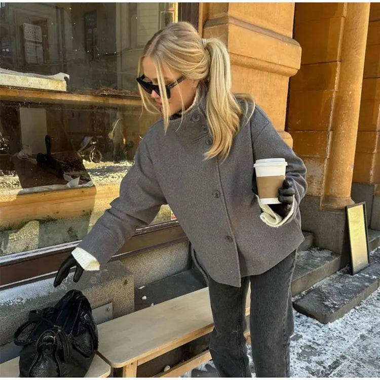 Elegant Women's Belt Short Woolen Coats Loose Stand Collar Single-breasted Long Sleeve Jacket 2026 Autumn Lady Commute Outwear