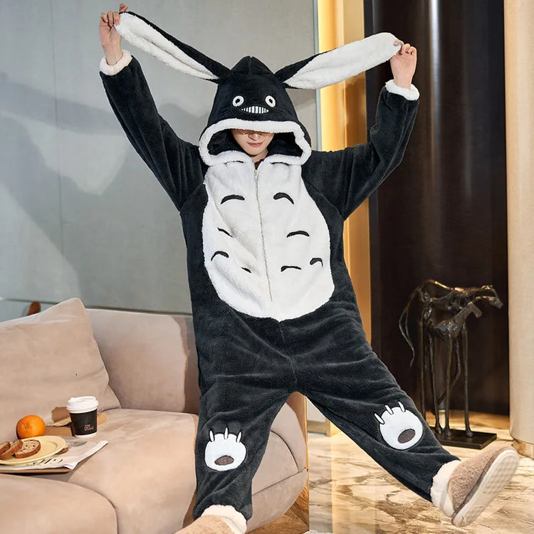 My Neighbor Totoro Winter Couple Matching Pajamas Thick Fluffy Plush Zipper Jumpsuit Cute Loungewear Warm Cozy Home Sleepwear