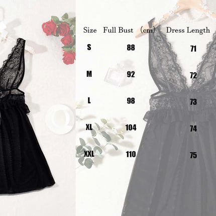 Lingerie sexy nera trasparente, camicia da notte in pizzo da donna, camicia da notte sexy senza maniche da donna con tessuto a rete, scollo a V.lingerie