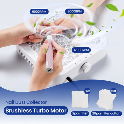 6000/9000/12000RPM Brushless Turbo Nail Dust Collector Low Noise 120W Nail Vacuum Extractor With 2 Filters Salon Manicure Machine