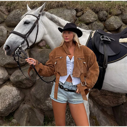 Brown Suede Leather Short Coats Women Solid Stand Collar Zipper Waist Belted Cropped Jackets 2026 Lady Autumn Y2k Casual Outwear