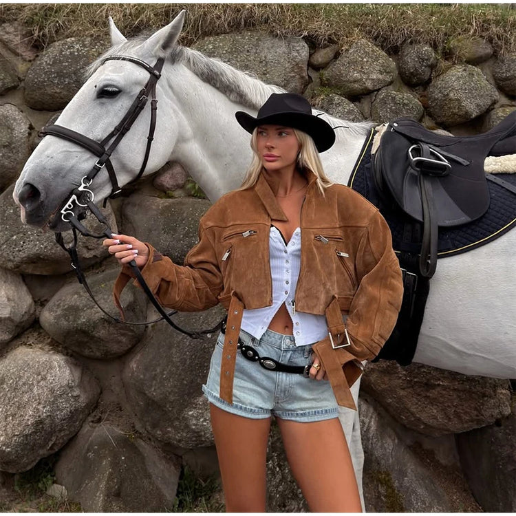 Brown Suede Leather Short Coats Women Solid Stand Collar Zipper Waist Belted Cropped Jackets 2026 Lady Autumn Y2k Casual Outwear