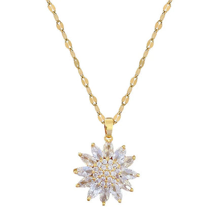 DIEYURO 316L Stainless Steel Luxury Zircon Flower Pendant Necklace For Women Girl New Trend Clavicle Chain Jewelry Lady Gift PlatiNum
