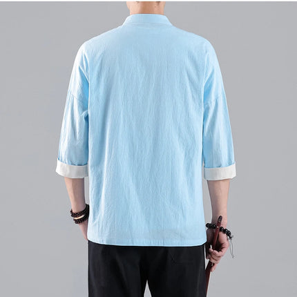 Camicie in Stile Cinese per Uomo, Top Tradizionale Tang in Lino a Mezza Manica, Camicia Kung Fu Hanfu Vintage Casual, Taglie Grandi fino a 5XL