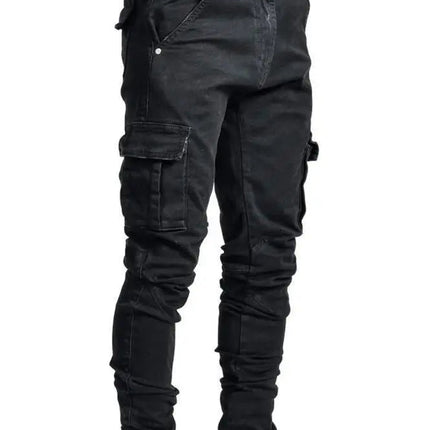 new Jeans Men Pants Wash Solid Color Multi Pockets Denim Mid Waist Cargo Jeans Plus Size Fahsion Casual Trousers Male Daily Wear PlatiNum