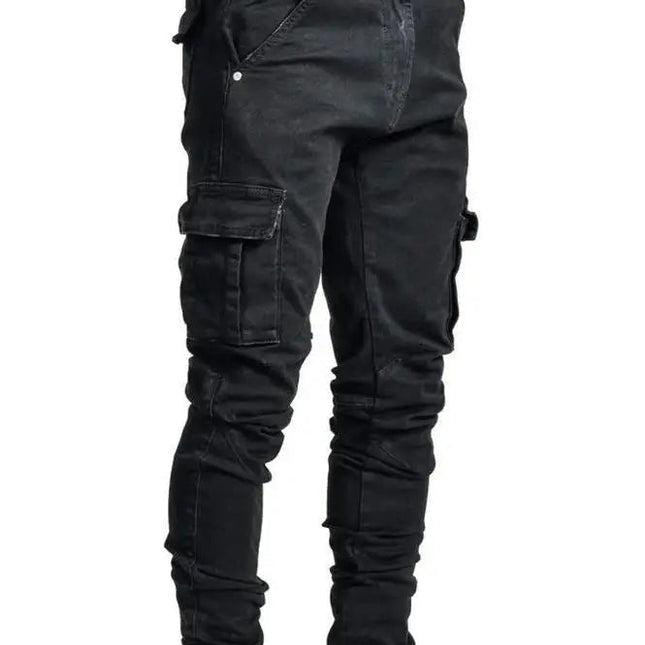 new Jeans Men Pants Wash Solid Color Multi Pockets Denim Mid Waist Cargo Jeans Plus Size Fahsion Casual Trousers Male Daily Wear PlatiNum