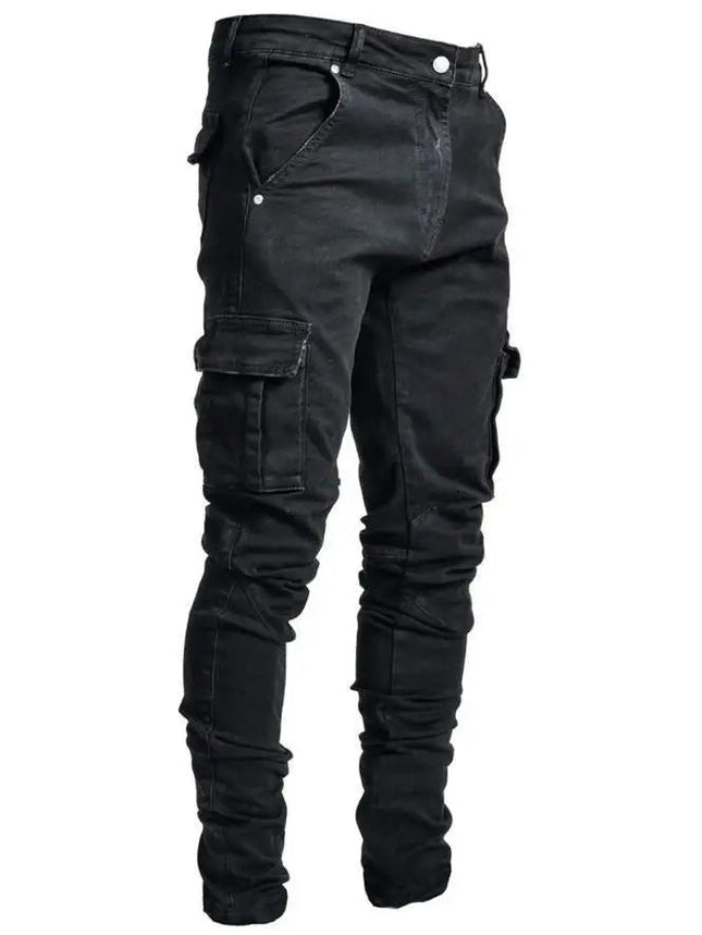 new Jeans Men Pants Wash Solid Color Multi Pockets Denim Mid Waist Cargo Jeans Plus Size Fahsion Casual Trousers Male Daily Wear PlatiNum